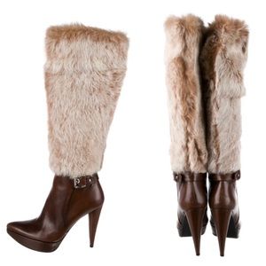 Vintage Stuart Weitzman cognac brown platform leather fur knee high boots